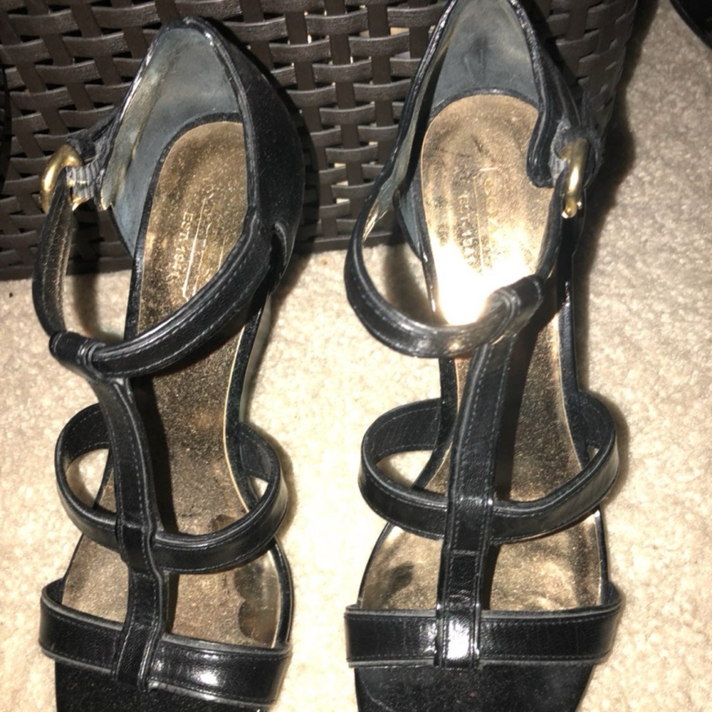 Coach leather black wedge open toe sandal.